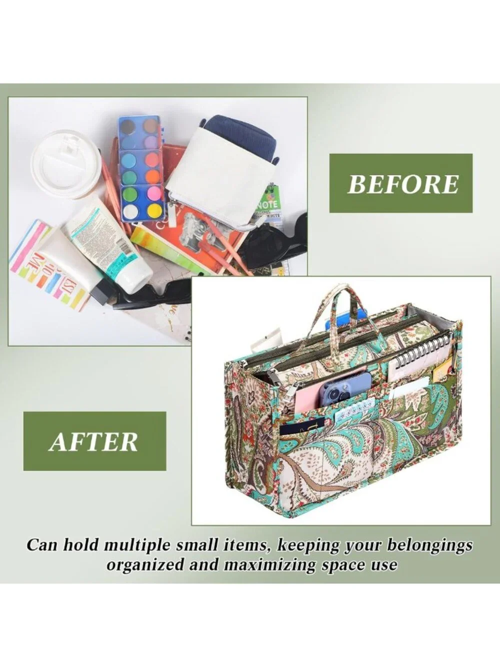 2 Pcs Peacock Flower Handbag Organizers - 13 Pocket Tote Insert for Women